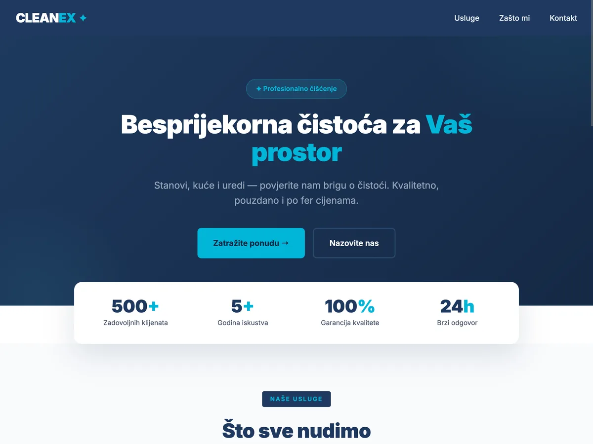 Cleanex — naslovnica web stranice servisa čišćenja